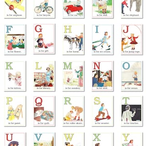 May include: A set of 26 alphabet flashcards featuring colorful illustrations of children and objects. Each card has a letter of the alphabet, a picture, and the phrase "is for" followed by the name of the object. For example, the card for "A" shows a child flying an airplane and says "is for airplane."