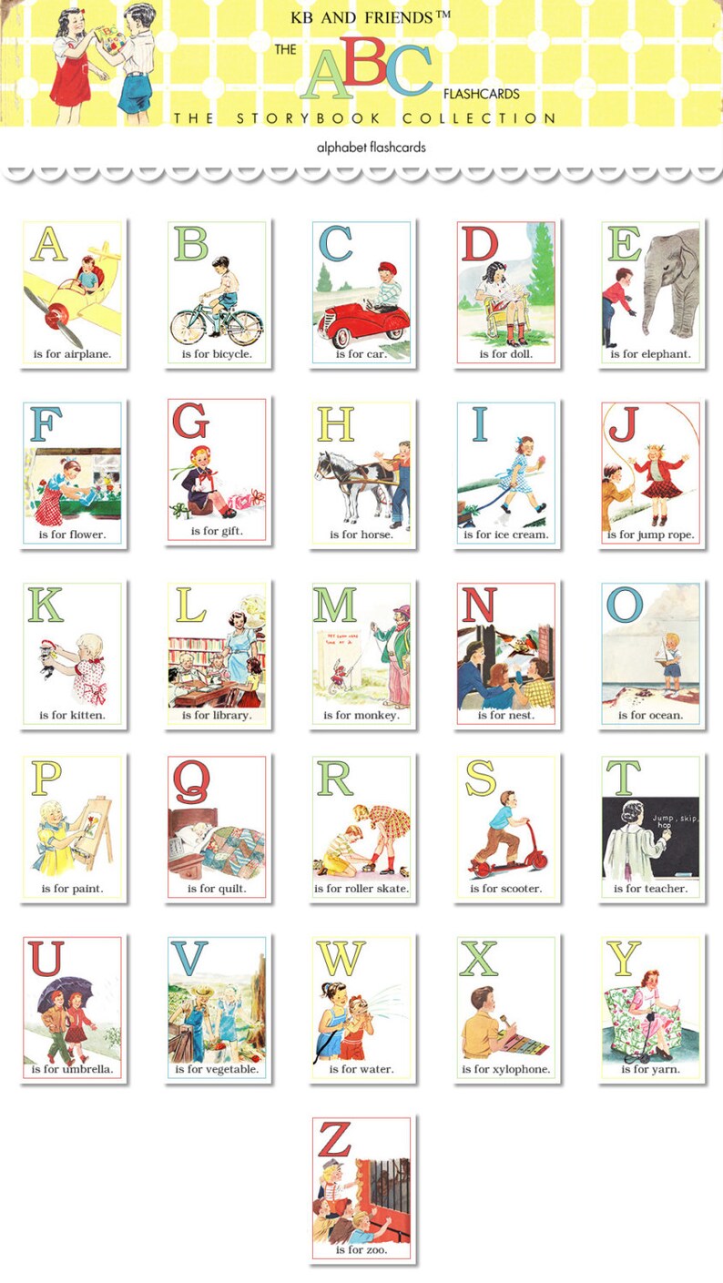 May include: A set of 26 alphabet flashcards featuring colorful illustrations of children and objects. Each card has a letter of the alphabet, a picture, and the phrase "is for" followed by the name of the object. For example, the card for "A" shows a child flying an airplane and says "is for airplane."