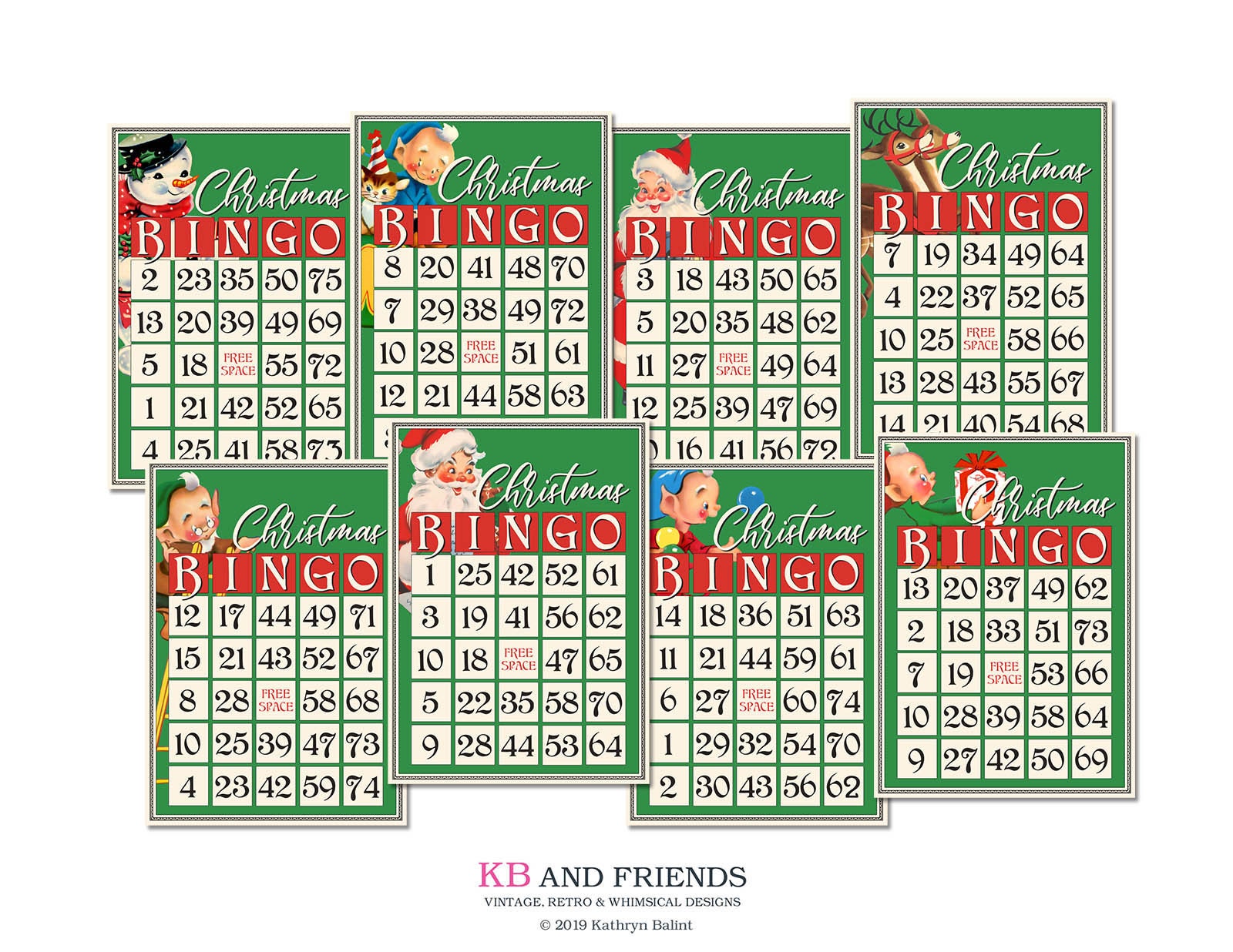Retro Digital Christmas Bingo Cards for Crafts / 8 tags / Santa, elves / 5