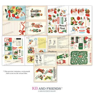 K&ouml;nnte beinhalten: Ein Satz druckbarer digitaler Weihnachtspapiere mit Illustrationen von Weihnachtsmann, Str&uuml;mpfen und einem Weihnachtsbaum. Die Papiere enthalten den Text "Merry & Bright" und "Santa's Finest Gifts".