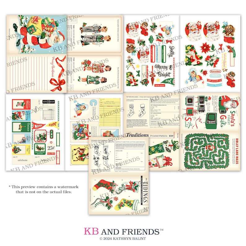 K&ouml;nnte beinhalten: Ein Satz druckbarer digitaler Weihnachtspapiere mit Illustrationen von Weihnachtsmann, Str&uuml;mpfen und einem Weihnachtsbaum. Die Papiere enthalten den Text "Merry & Bright" und "Santa's Finest Gifts".
