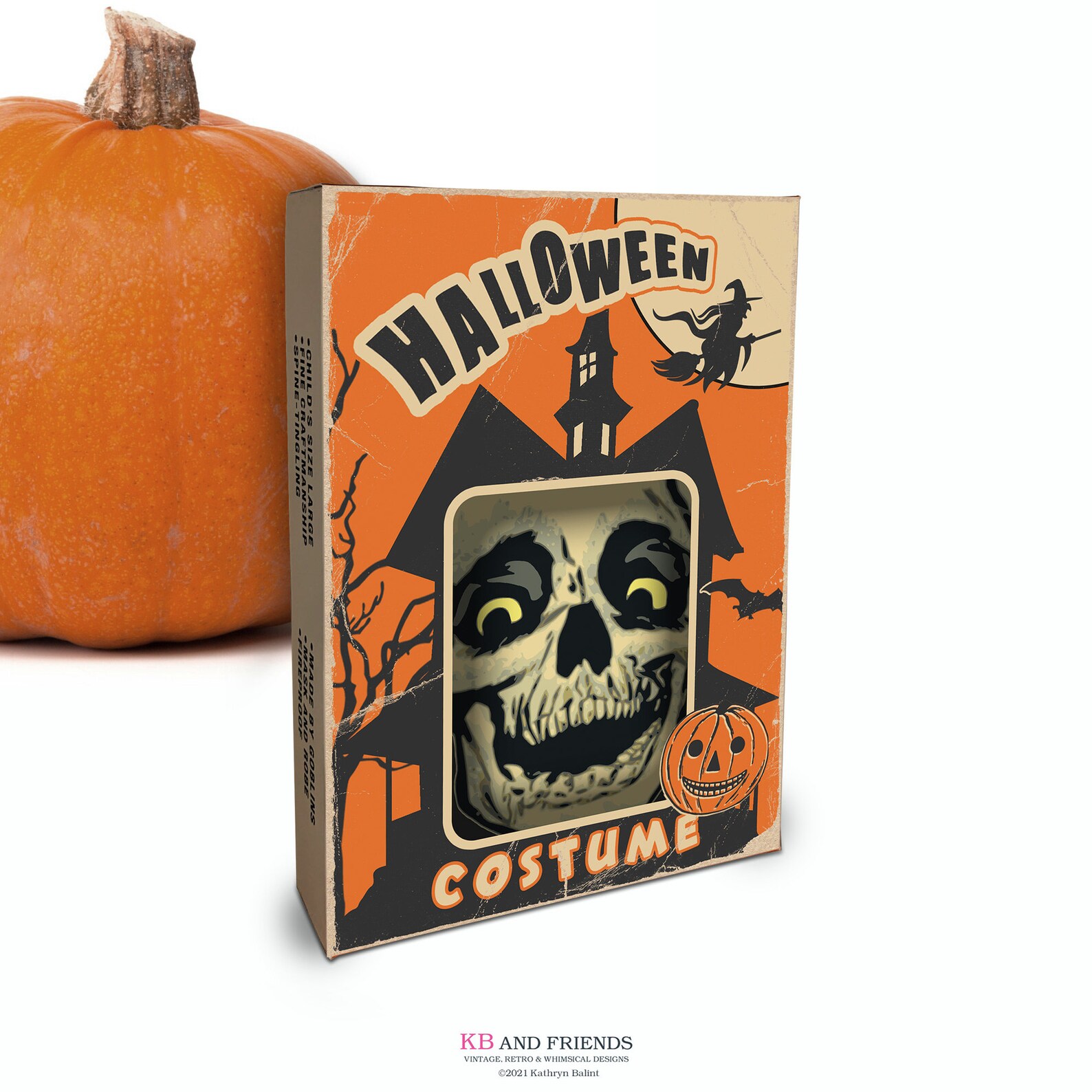 Printable Vintage Halloween Costume Box / Skull, Witch / Digital 5 by 7