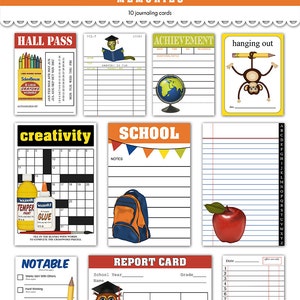 Printable school journaling cards / collage sheet / filler cards / pocket scrapbooking / instant download / digital scrapbooking