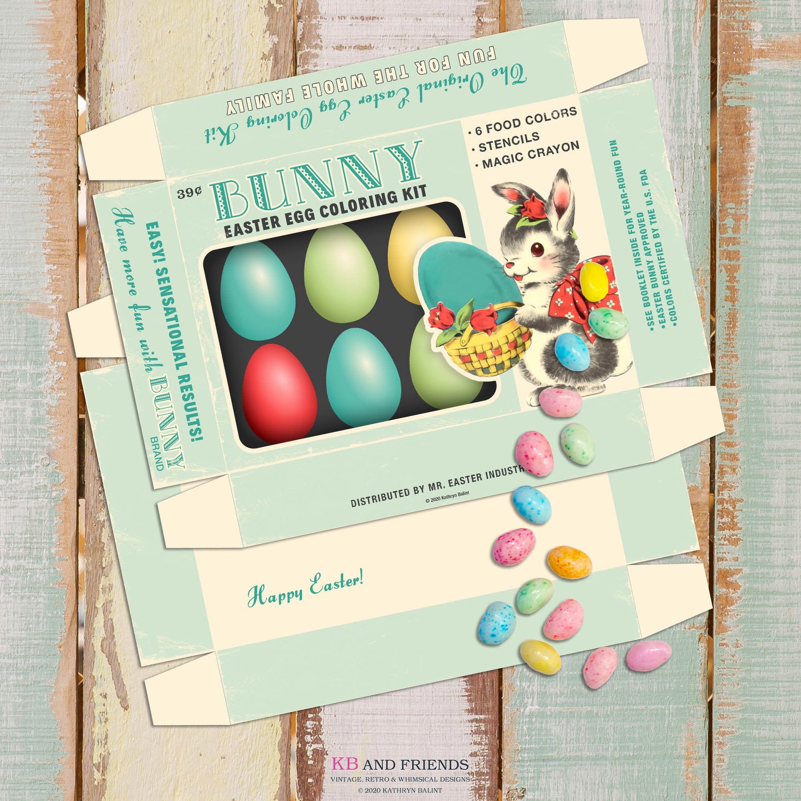 KB and Friends Printable Retro Easter Egg Coloring Box with Bunny