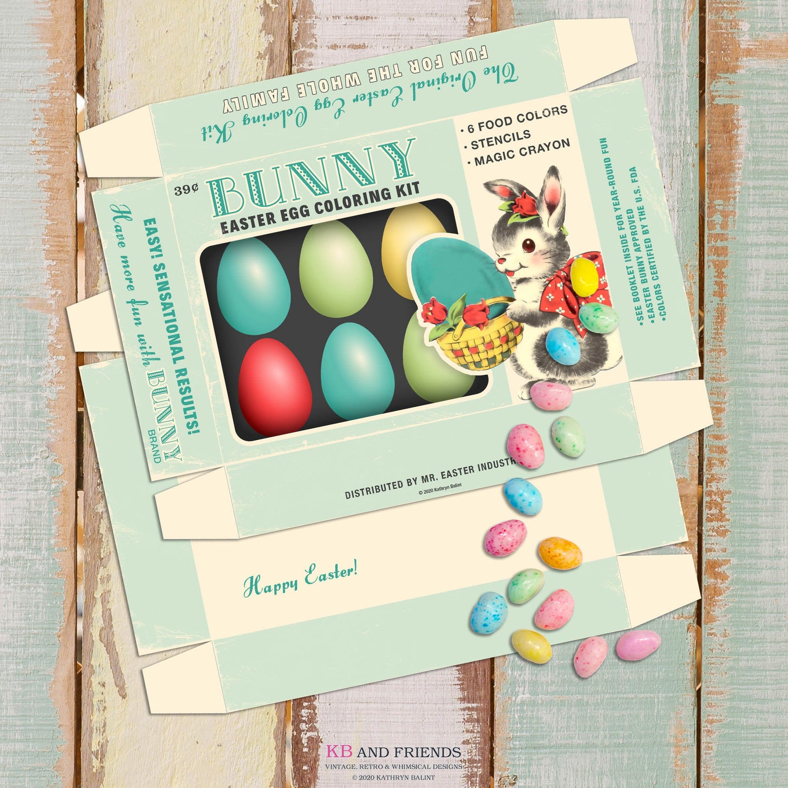 KB and Friends Printable Retro Easter Egg Coloring Box with Bunny