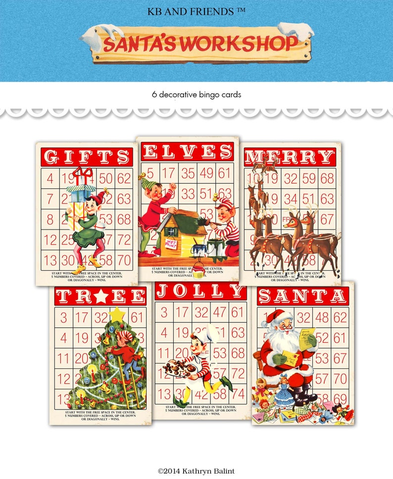 Decorative Printable Santa's Workshop Christmas Bingo Cards with Retro Elves for crafts, junk journals, scrapbooks in 3 sizes / JPEG, PDF image 2