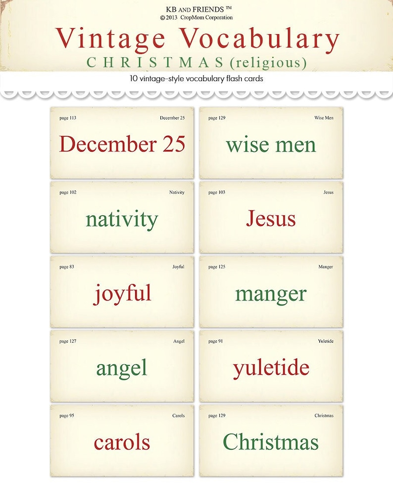 Puede incluir: Diez tarjetas de memoria de vocabulario navide&ntilde;o de estilo vintage. Las palabras son: 25 de diciembre, Reyes Magos, Natividad, Jes&uacute;s, alegre, pesebre, &aacute;ngel, Navidad, villancicos y Navidad.