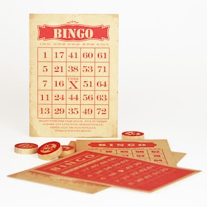Digital Vintage Style Bingo Cards for Crafts / printable red and tan bingo cards / two sizes / instant download / ephemera