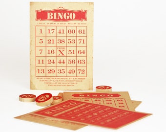 Digital Vintage Style Bingo Cards for Crafts / printable red and tan bingo cards / two sizes / instant download / ephemera