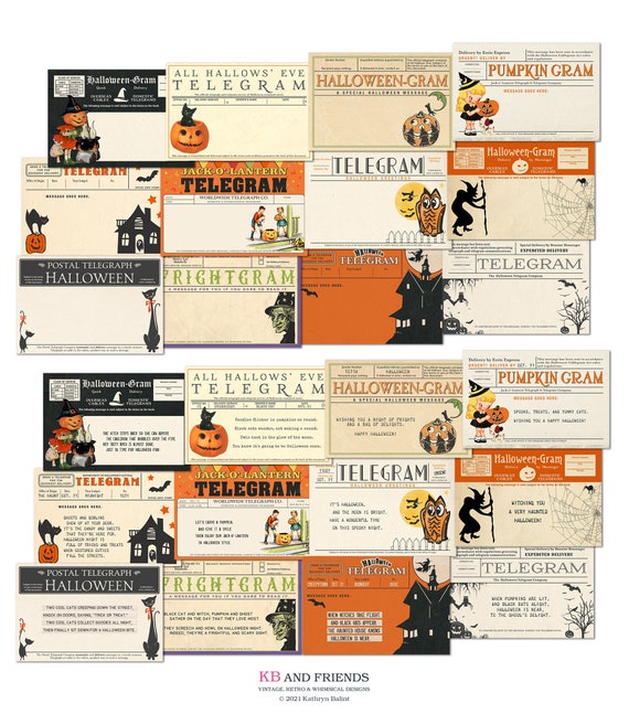Printable Vintage Halloween Telegrams / ephemera cards for gift tags, crafts, scrapbooks / 12 6" by 4" designs, both with sayings & blank Il_570xn