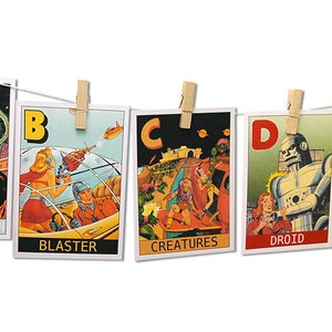Digital sci-fi ABC flashcards / science fiction retro comic kid's wall art /  alphabet flash cards/ 5" by 7" instant download