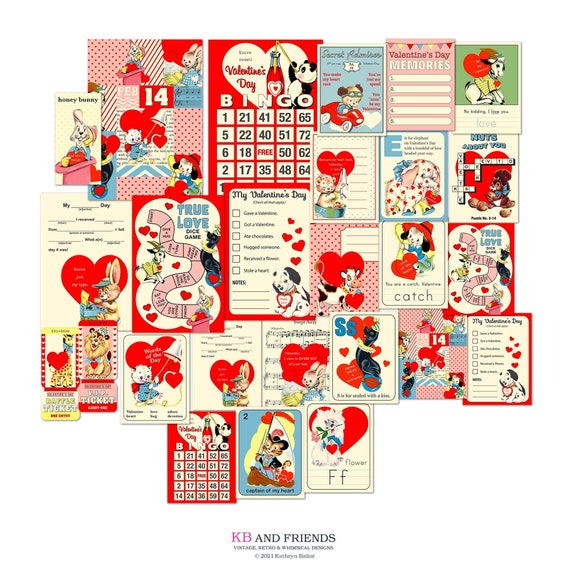 Printable Retro Animal Valentines, Ephemera Cards and Tickets for crafts, junk journals, scrapbooks / 21 digital brightly colored designs Il_570xn