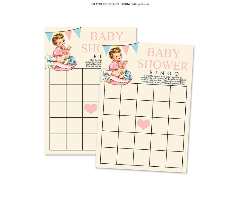 Digital Vintage Baby Girl Shower Bingo Cards/ 5 by 7 / instant download / printable, downloadable / baby shower game / girl with banner image 1