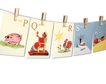 Digital vintage ABC flashcards / printable nursery wall art /  5" by 7" instant download / mix of animals and objects