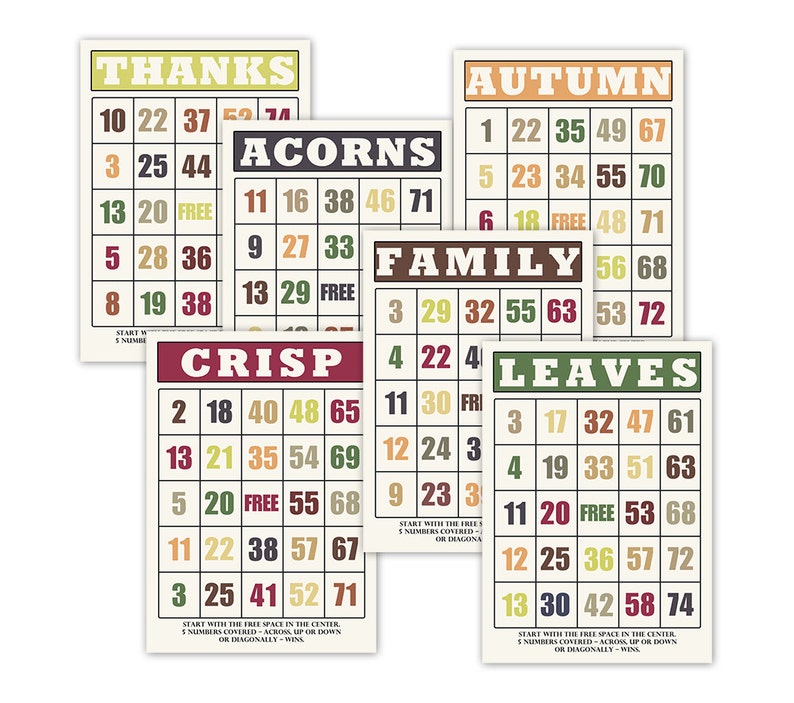 May include: Five colorful bingo cards with autumn-themed words and numbers. The cards are "Thanks", "Acorn", "Crisp", "Family", "Autumn", "Leaves".