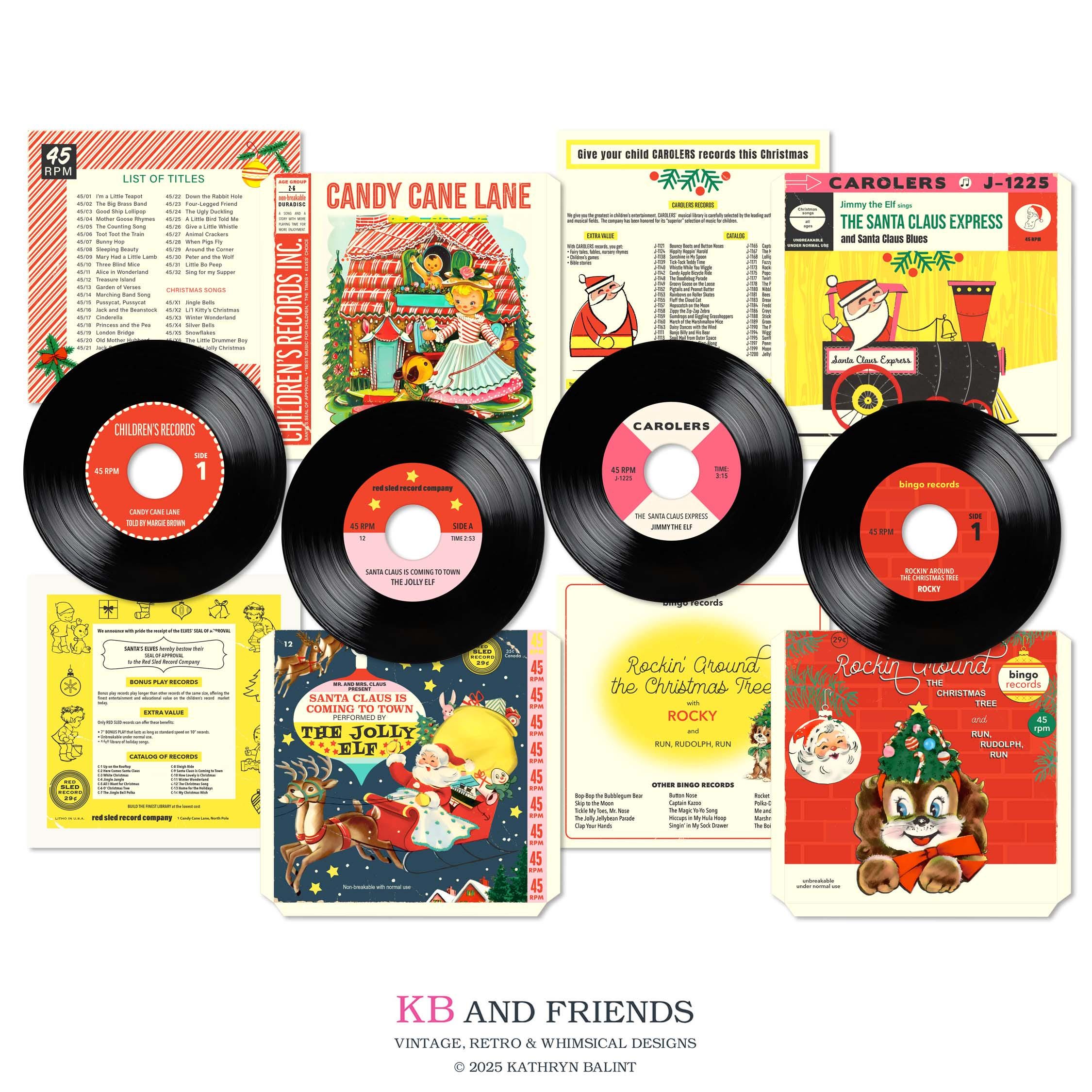 Digital Candy Cane Lane Christmas Records and Album Covers in two sizes to print, cut out, and assemble for  journals, scrapbooks, crafts