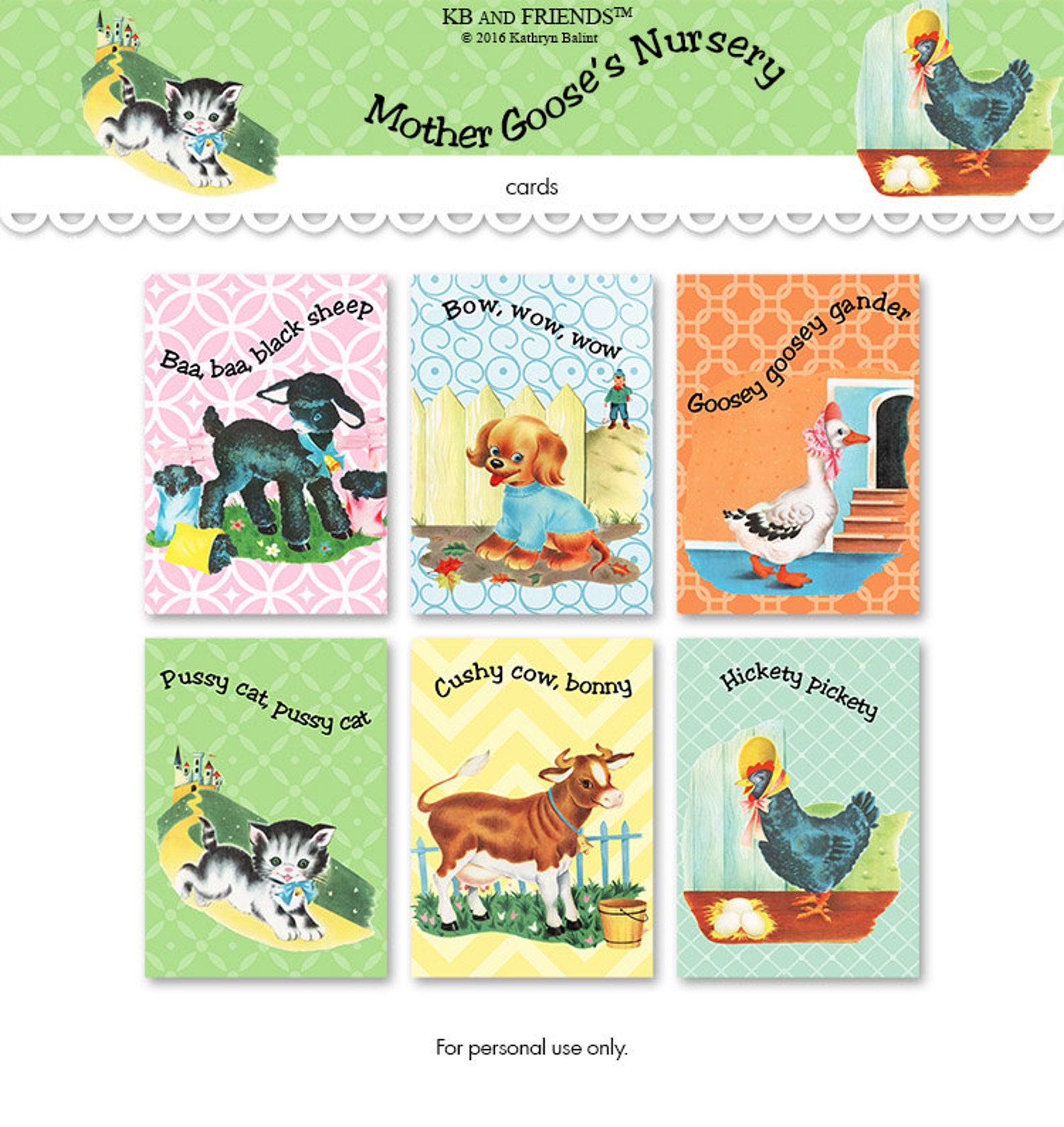 Nursery Rhymes Cards Printable Cards Mother Goose Animals Etsy