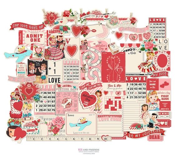 Retro Valentine's Day Digital Ephemera, Fun & Game Cards for Crafts / vintage children, couples / printable collage sheets / JPEG, PDF, PNG Il_570xn