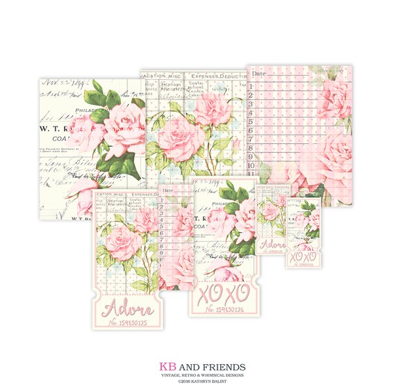 Shabby chic roses printable tickets and cards / floral vintage collage sheet / instant download / embellishments / digital scrapbooking Il_570xn