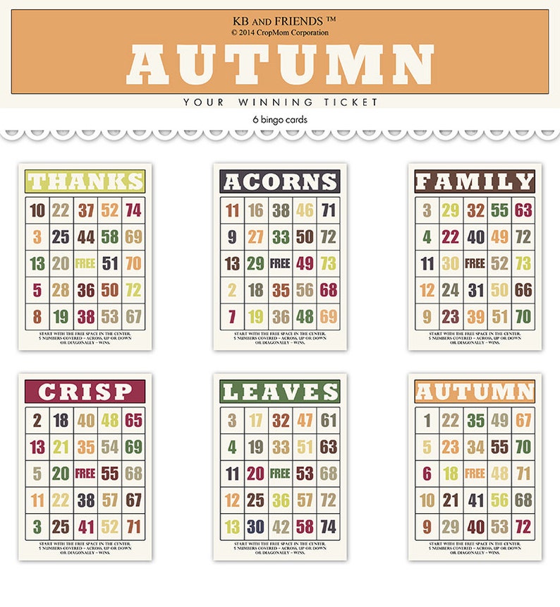 May include: Six colorful bingo cards with an autumn theme. Each card has a different title: Thanks, Acorns, Family, Crisp, Leaves, and Autumn. The cards are filled with numbers and the word "FREE" in the center.