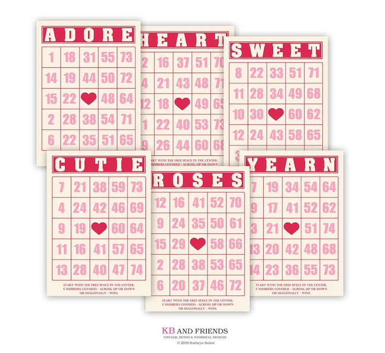 Printable Love Theme Decorative Bingo Cards: Pink Valentine's Day Scrapbook Embellishments (Digital Download) image 1