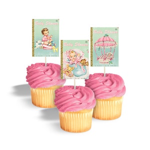 Baby girl cupcake toppers for book themed baby shower / printable cupcake toppers / cake bunting / rectangular tags, labels / book covers image 1