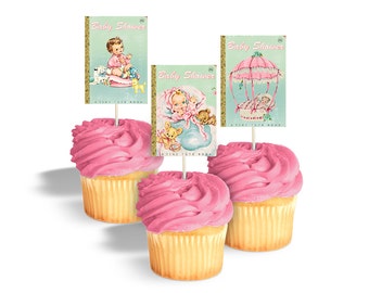 Baby Girl Book Cupcake Toppers: Vintage Style Printable Baby Shower Storybook Theme (Digital Download)