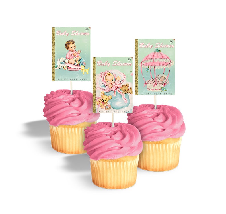 Baby girl cupcake toppers for book themed baby shower / printable cupcake toppers / cake bunting / rectangular tags, labels / book covers image 1