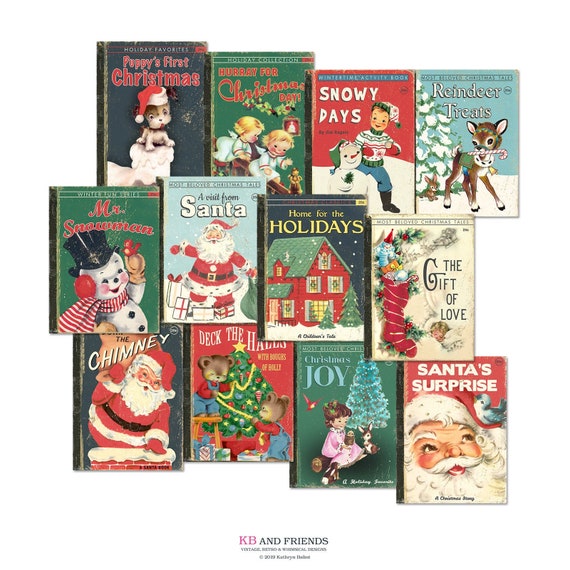 Retro Christmas Digital Book Covers / 12 ephemera cards / gift tags, cupcake toppers, crafts / two sizes / collage sheets, individual JPEGs Il_570xn