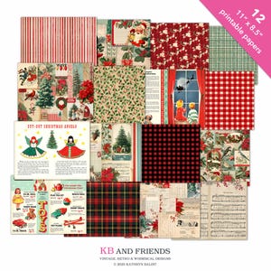 May include: A collection of 12 printable Christmas-themed papers, each 11" x 8.5". The designs include red and green plaid, Santa Claus, poinsettias, and vintage toy illustrations. The papers are from KB and Friends.