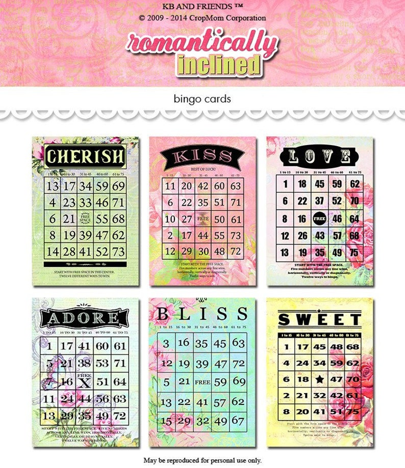 Digital Romantic Love Floral Bingo Cards / Valentine ephemera, collage for use in crafts / 5 by 7 and 4 by 6 / downloadable, printable image 1