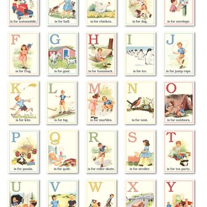 May include: A colourful alphabet flashcard set featuring illustrations of children and objects. Each card has a letter of the alphabet, a picture, and a phrase describing the object. For example, the card for "A" shows a child driving a car and says "is for automobile."