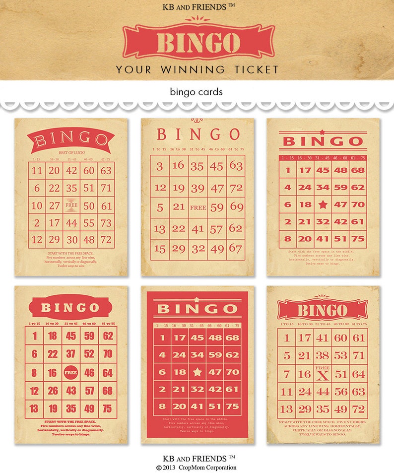 K&ouml;nnte beinhalten: Sechs rote und wei&szlig;e Bingokarten mit den Zahlen 1 bis 75. Jede Karte hat ein freies Feld in der Mitte. Die Karten befinden sich auf einem braunen Hintergrund.