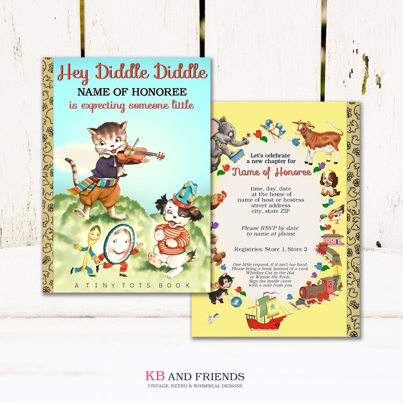 May include: A yellow and blue baby shower invitation with a vintage illustration of animals playing music. The text reads "Hey Diddle Diddle" and "Let's celebrate a new chapter for Name of Honoree".