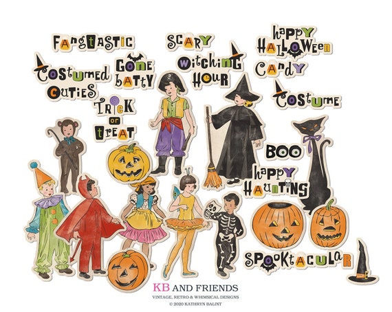Printable Vintage Halloween Costumed Cuties word art and children to cut out for scrapbooking, junk journals, crafts / digital collage sheet Il_570xn