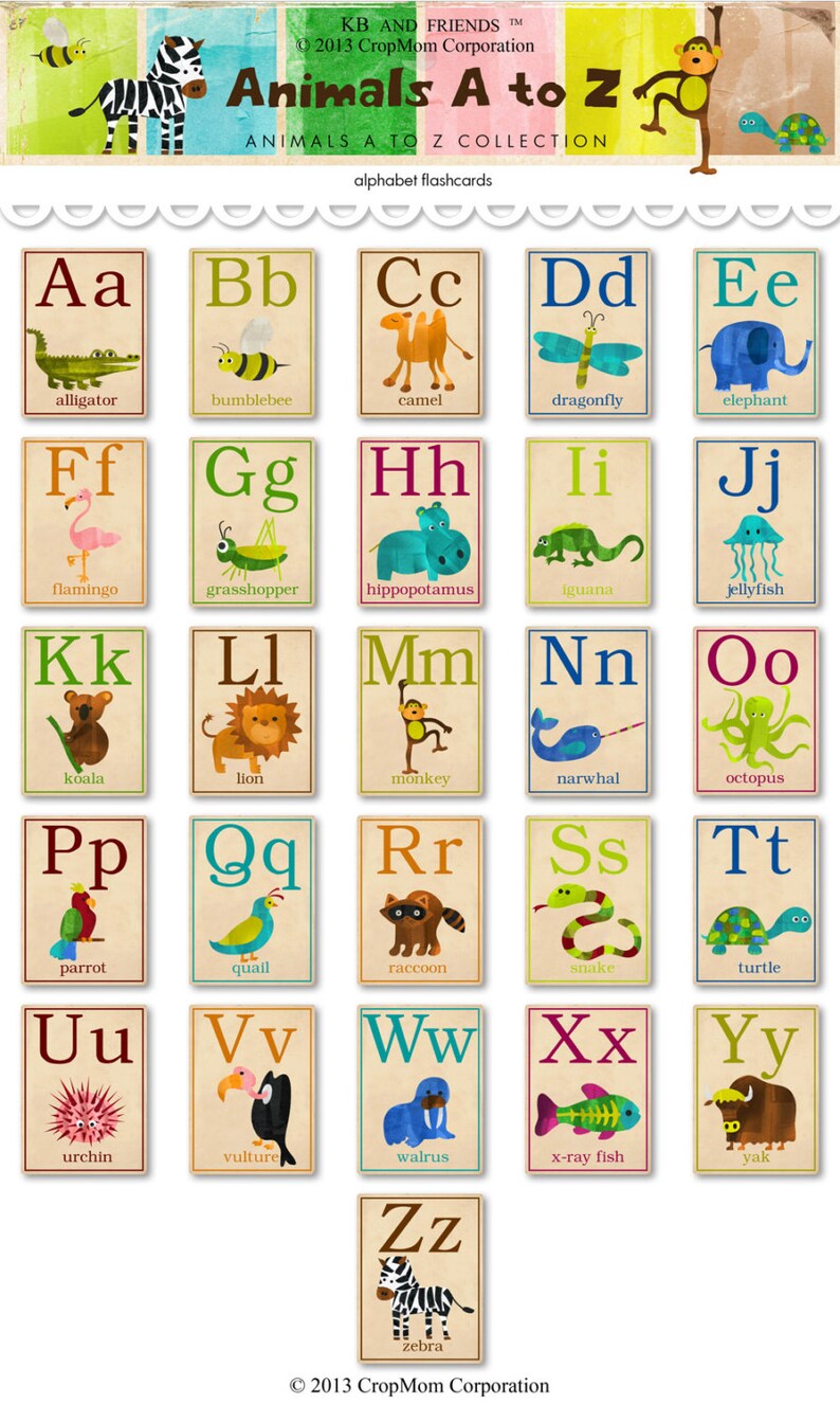 digital animal abc alphabet flashcards downloadable etsy