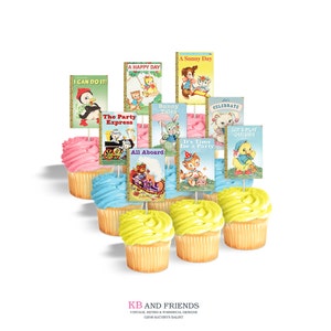 Printable cupcake toppers for storybook themed party or baby shower / cake bunting / vintage animal book cover / printable rectangles / tags
