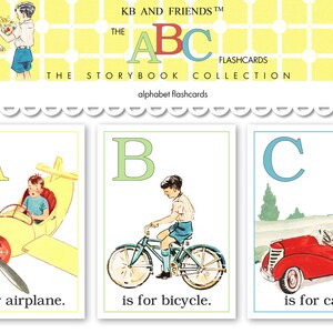 May include: Three alphabet flashcards with illustrations of an airplane, bicycle, and car. The letter A is yellow, the letter B is green, and the letter C is blue. Each card has a child on it. The text on the cards reads "A is for airplane", "B is for bicycle", and "C is for car".