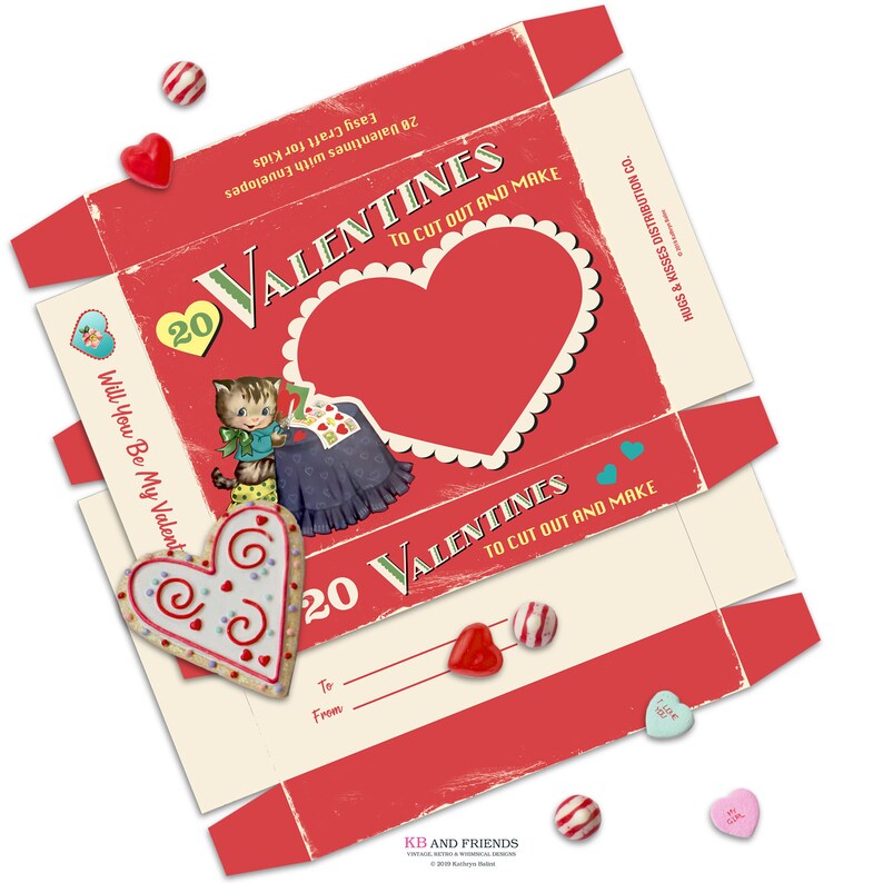 May include: Printable Valentine's Day card box template with a red heart, a cat, and the text "20 Valentines to cut out and make".