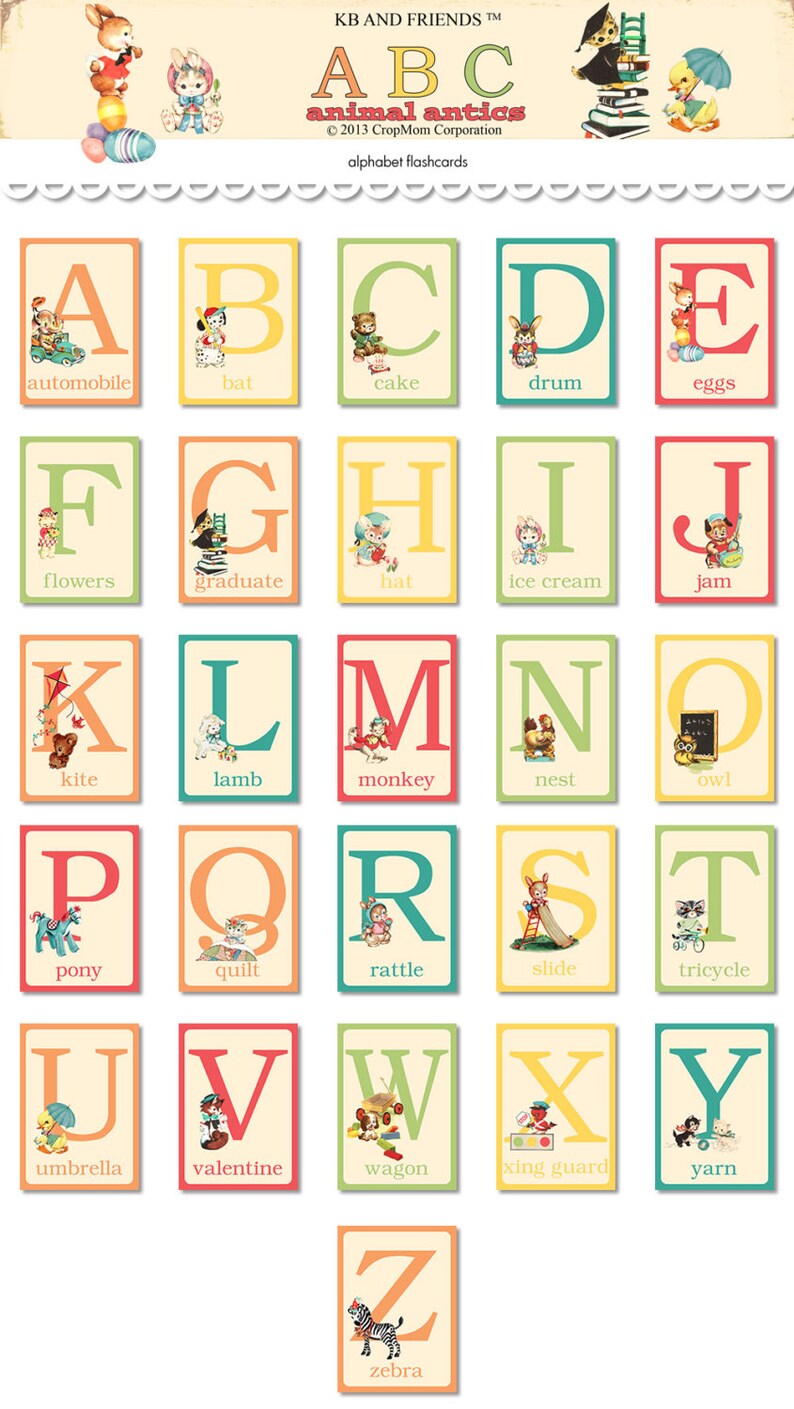 May include: A set of 26 alphabet flashcards featuring colorful illustrations of animals and objects. Each card has a large letter and a corresponding word, such as "A" for "automobile" and "Z" for "zebra".