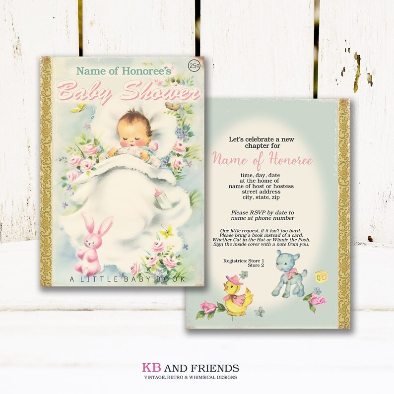 Puede incluir: Una invitaci&oacute;n de baby shower de estilo vintage con un esquema de color azul y rosa. La invitaci&oacute;n presenta a un beb&eacute; durmiendo en una cuna con un conejito y una mariposa. El texto dice "Baby Shower de Name of Honoree" y "Celebremos un nuevo cap&iacute;tulo para Name of Honoree".