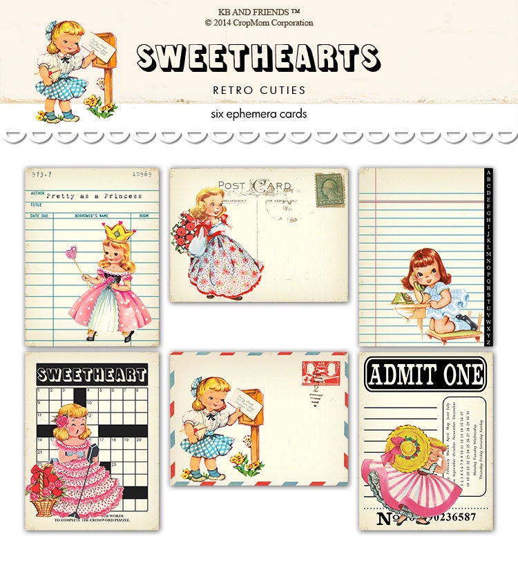 Digital Retro Girl Ephemera Cards / library card, postcard, ticket, n…