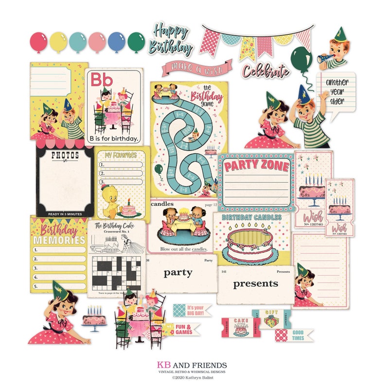 Digital Retro Birthday Party Ephemera for Junk Journals, Scrapbooks, Crafts / vintage cards and cutouts / PDF and PNGS for die-cut machines