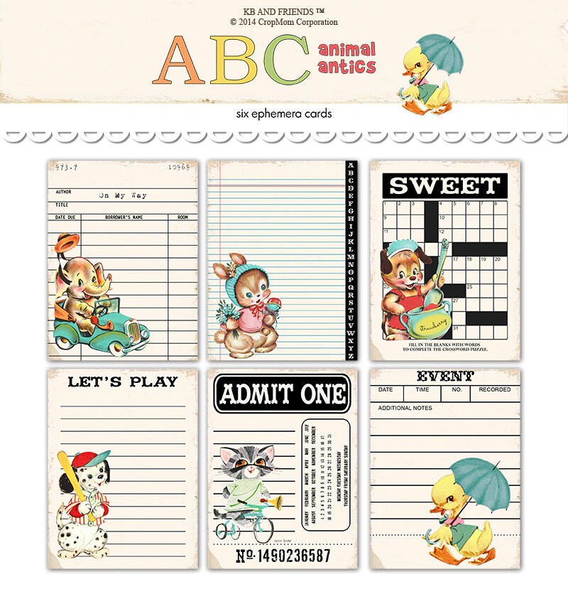 Digital Retro Animal Ephemera Cards / bingo, library card, ticket, ev…