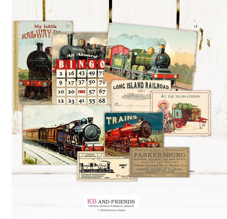 Pode incluir: Colagem vintage de imagens com tema de trem, incluindo um cart&atilde;o de bingo, um bilhete de trem e um cart&atilde;o postal com o texto "Long Island Railroad 1907".
