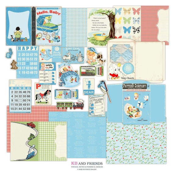 Download Retro Baby Boy Printable Junk Journal Mini Kit Scrapbook Album Ephemera 5 By 7 Front Back Covers Pages Embellishments Blue Red By Kb And Friends Catch My Party