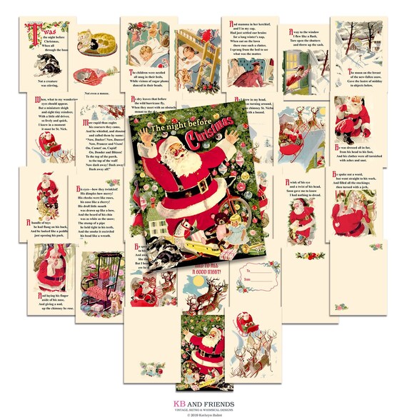 Digital Night Before Christmas / 32 retro Santa cards / 3" by 4" / 8 collage sheets & individual JPEGs / vintage Christmas ephemera Il_570xn