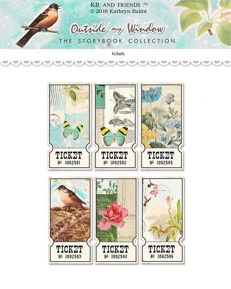 Digital nature-inspired tickets / vintage collage sheet / 6 designs, 3 sizes / downloadable, printable / clipart / butterflies, birds image 1