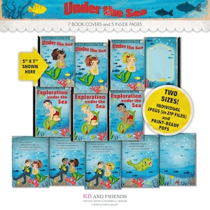 Retro Under the Sea Mermaids and Divers Book Fronts, Backs & Pages for Crafts, Scrapbooks, Junk Journals / 5 X 7 and 3 X 4 / JPEG and PDF image 2