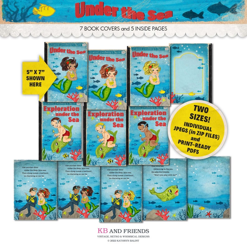 Retro Under the Sea Mermaids and Divers Book Fronts, Backs & Pages for Crafts, Scrapbooks, Junk Journals / 5 X 7 and 3 X 4 / JPEG and PDF image 2